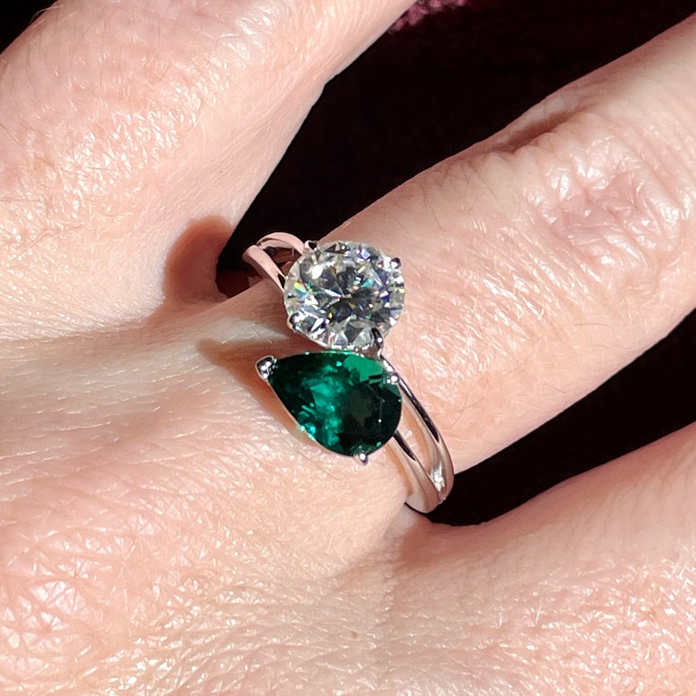 Toi et Moi Moissanite Ring 2ct Round + Pear Emerald Two Stone Engagement Ring